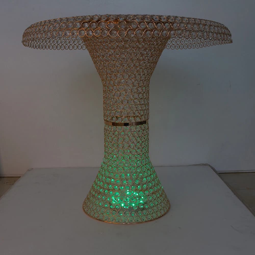 Fancy Round Crystal Gold Cake Table Display With LED For Wedding Hotel Party Events