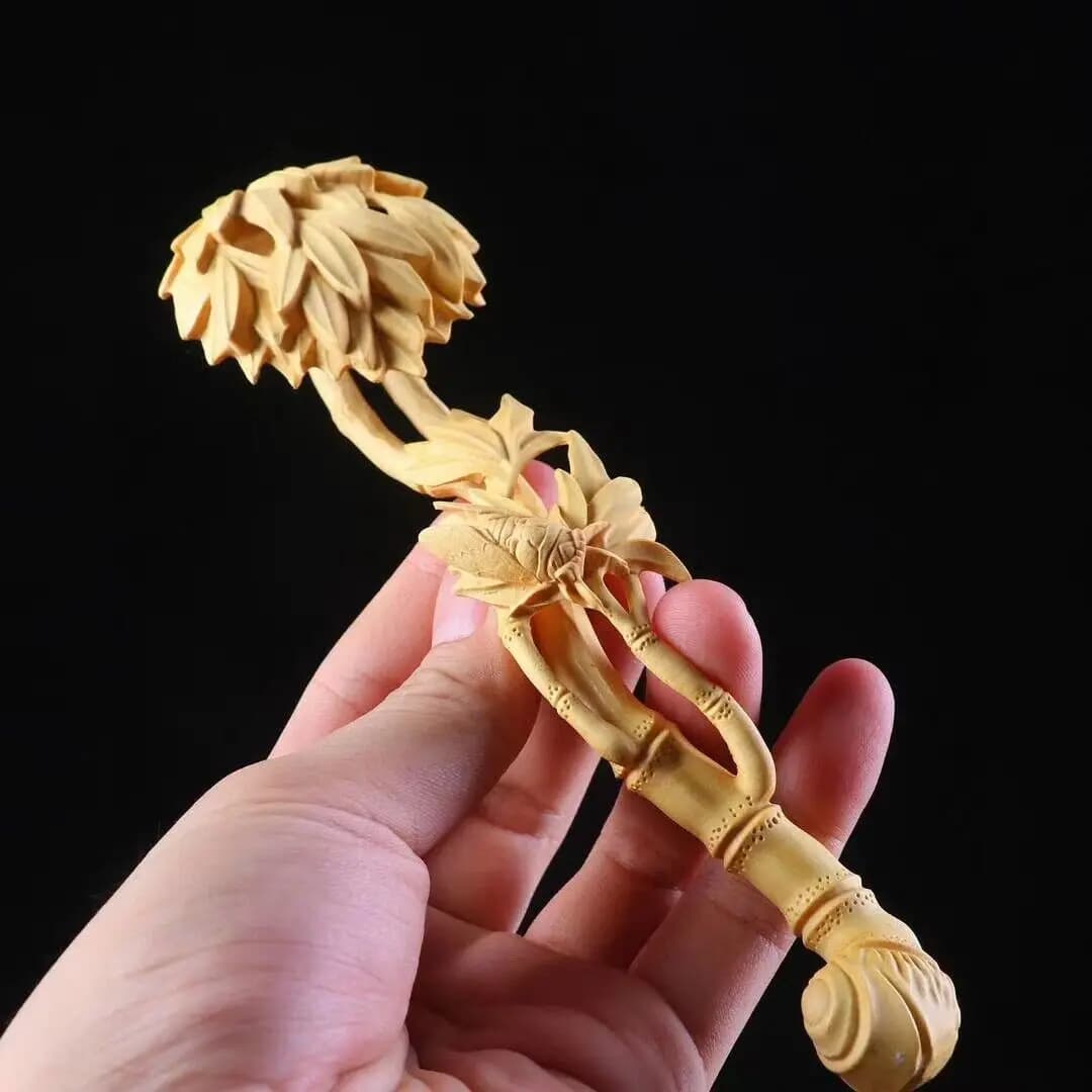 Chinese Collect modern exquisite handicraft Boxwood Huang-yang wood carving Bamboo ruyi statue