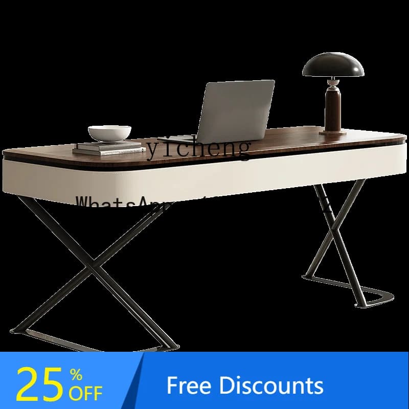LL Solid Wood Desk Home Living Room Study Desk Walnut Saddle Leather Computer Desk