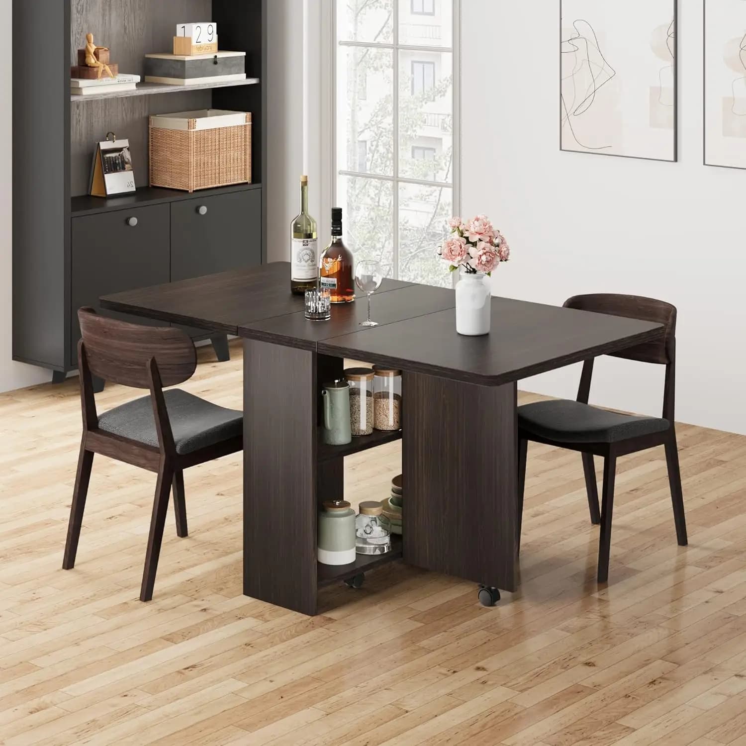 FoldingTable, Drop Leaf Dining Table with 6 Wheels and 2-Layer Storage Shelf, Space Saving Table for Small Spaces (Dark Walnut