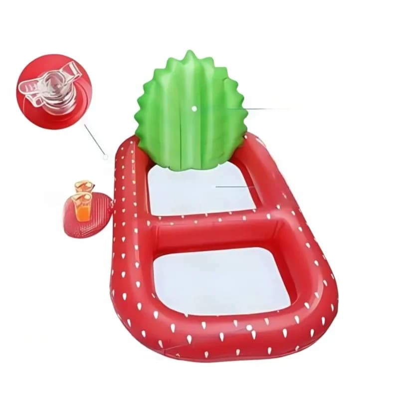 Strawberry water inflatable ride with water-backed lounge chair and fruit pool float