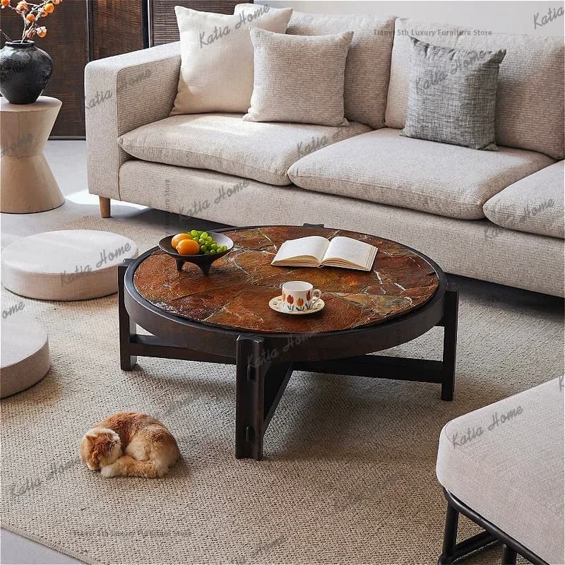 ld French Wabi Sabi Style Solid Wood Coffee Table Modern Luxury Living Room Center   Stone Slab Home Furniture