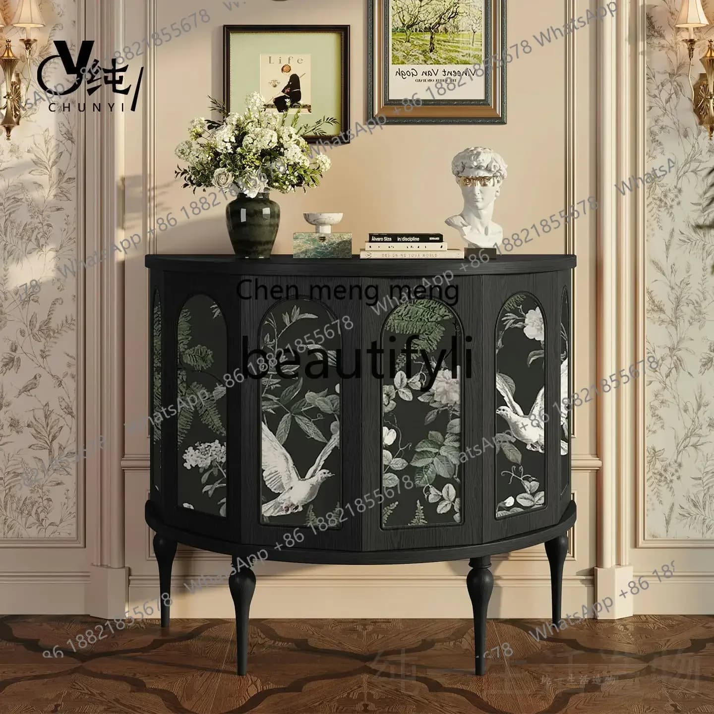 A32 French Vintage Style Solid Wood Entryway Cabinet Hallway Half Round Six-Sided Cabinet Living Room Decorative Cabinet