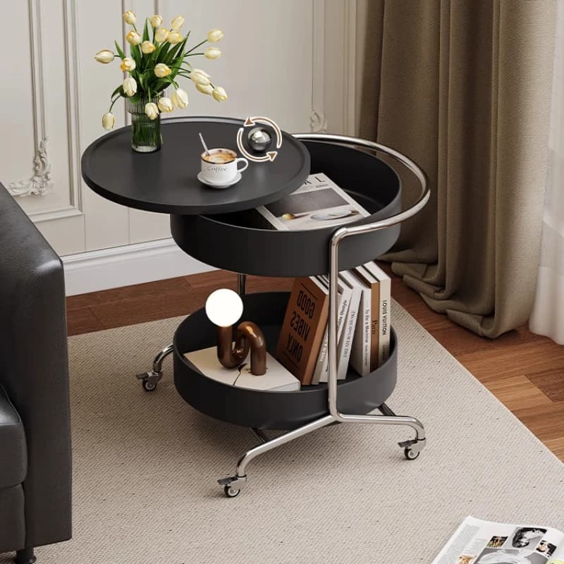 Modern Movable Coffee Table with Wheels Sofa Side End Table for Living Room Creative Round Nesting Table with Storage Shelf