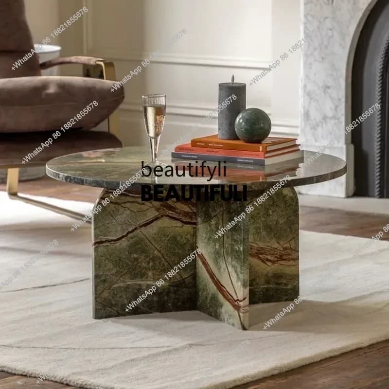 ss8350 Italian minimalist natural marble coffee table light luxury living room household round retro coffee table