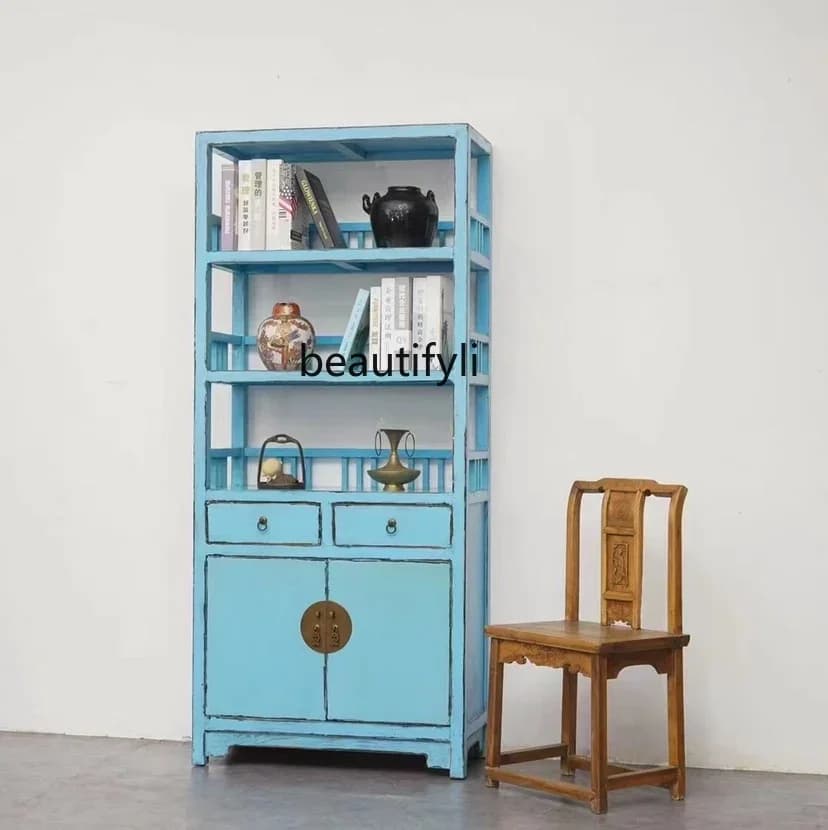 New Chinese solid wood bookshelf bookcase light blue old document ornament antique partition cabinet