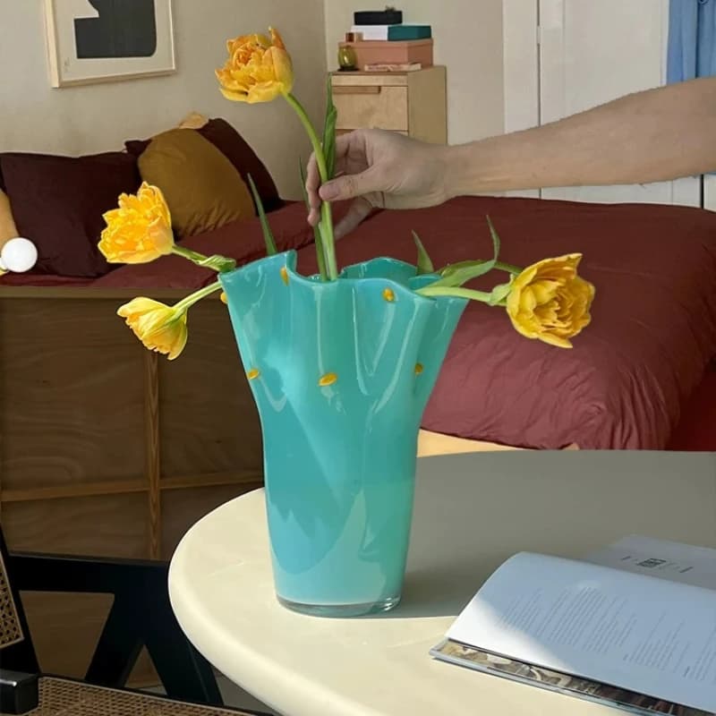 Nordic Waves Large Diameter Glass Vase Flower Ware Decorative Ornaments Home Living Room Decoration Handmade Vases Colored Gifts