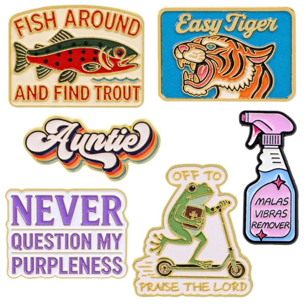Vintage Quote Enamel Pin Retro Tiger Trout Frog Lapel Badge Funny Text Slogan Brooch Backpack Jacket Hat DIY Craft Jewelry Gift
