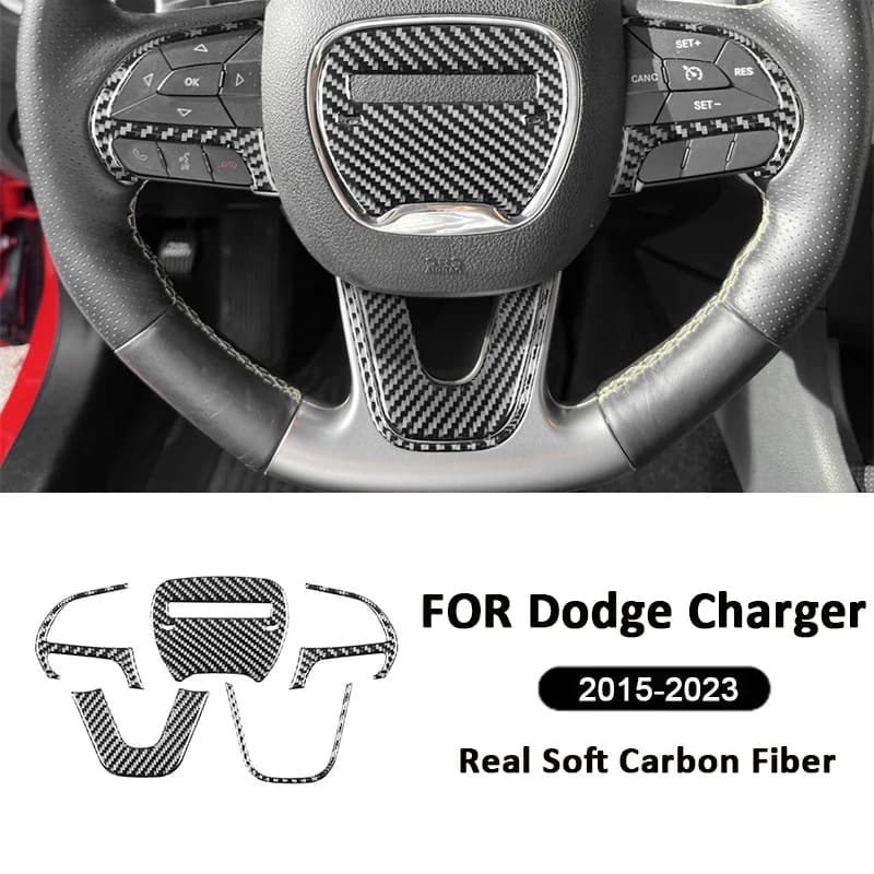 For Dodge Charger 2015-2023 Carbon Fiber Car Steering Wheel Panel Center Emblem Trim Frame Decoration Sticker Auto Accessories