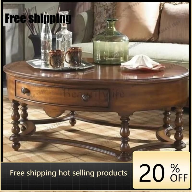 Zj. American light luxury solid wood oval coffee table with drawers European retro old sofa edge table