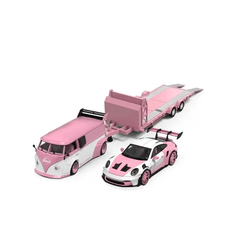 1:64 Peach Powder Trailer Set, Simulation Alloy Car Model