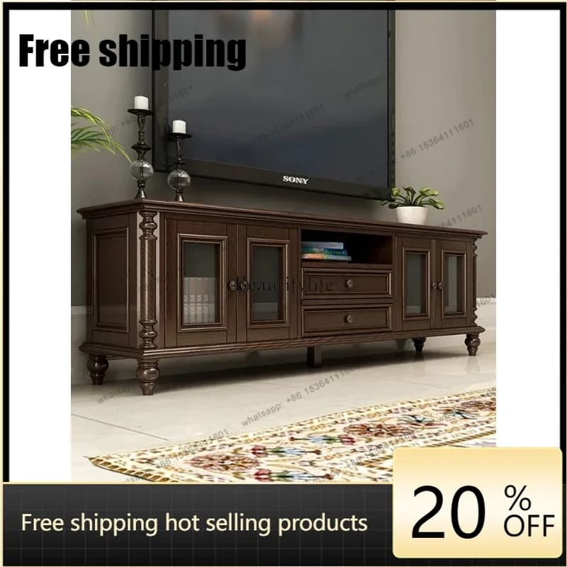 JJ American Country Solid Wood TV Cabinet Black Walnut Color TV Cabinet Living Room Ash Wood Furniture