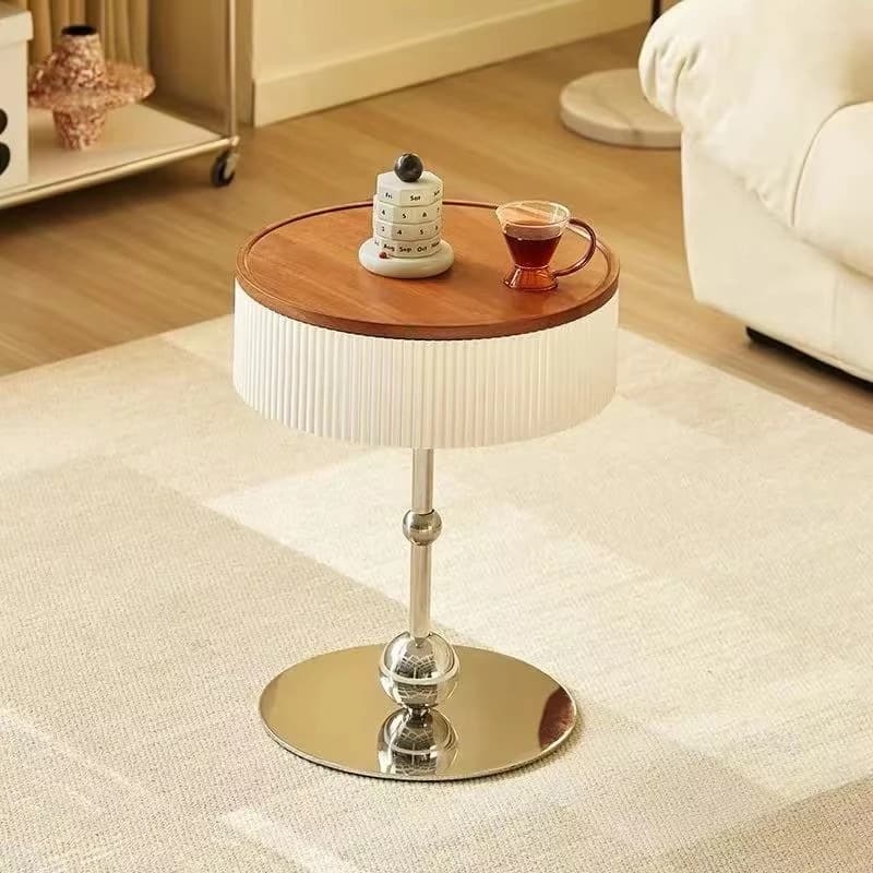 Natural wood round coffee table with storage drawers, minimalist living room side table