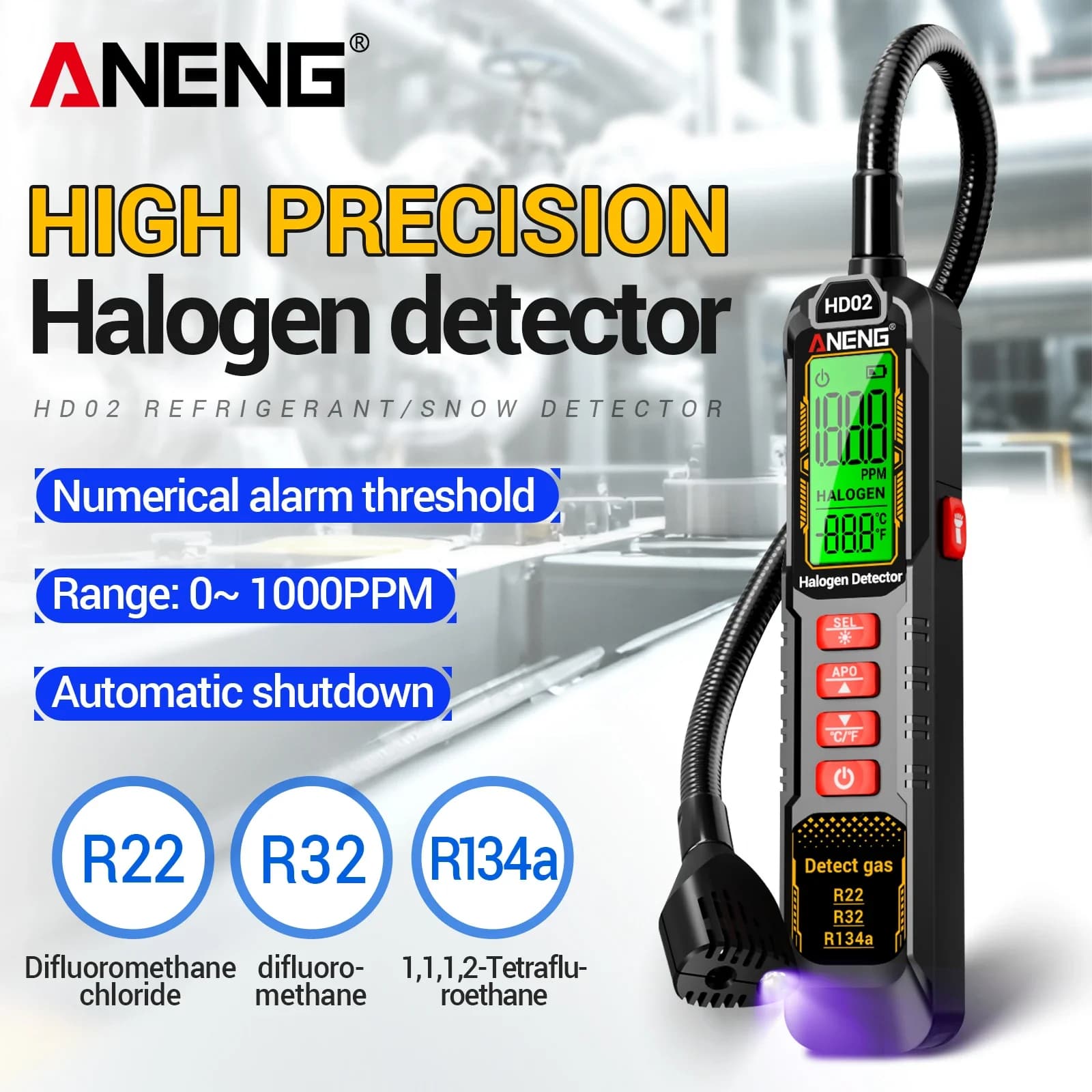 ANENG HD02 refrigerant leak detector R22/R32/R134a refrigerant leak detector 0-1000PPM industrial grade halogen leak detector