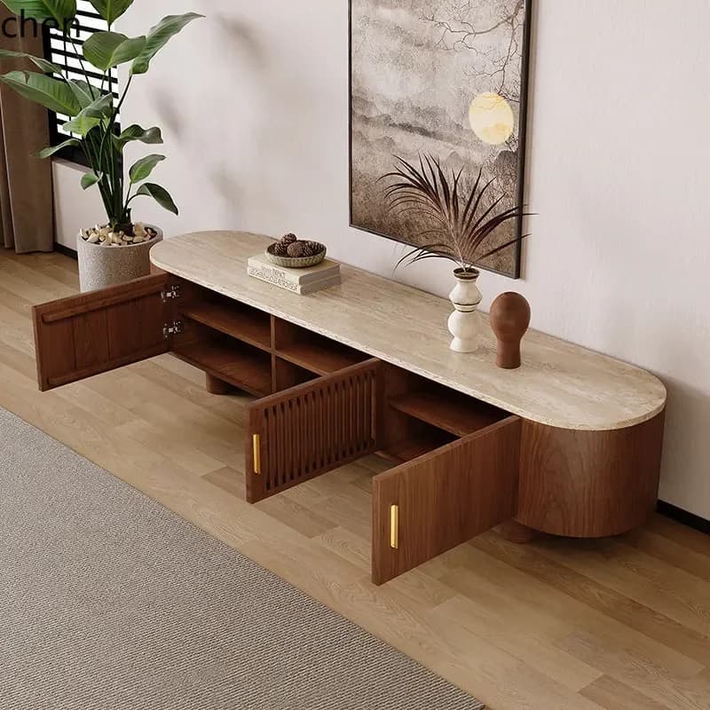 y9-Wabi-sabi style natural  floor-standing TV cabinet modern minimalist small apartment living room wall-mounted storage cabinet