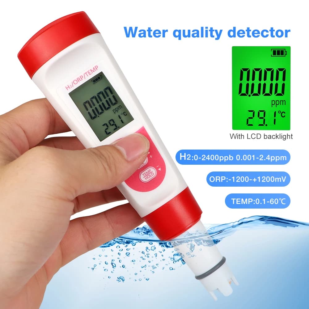 3 in 1 Hydrogen Water Tester H2 Monitor TEMP ORP Meter 0-2400PPb Water Quality Analyzer for Drinking Water Aquariums Spa