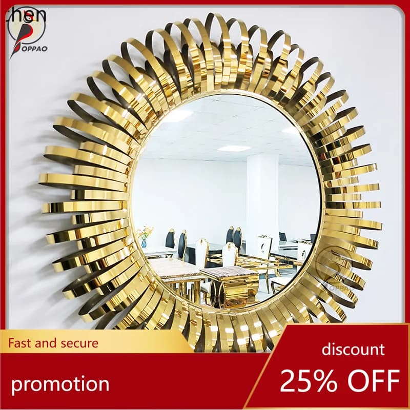 YFY Retro Round Mirror Luxury Stainless Steel Titanium gold Entryway Mirror Fireplace Living Room Dining Room Decorative Mirror