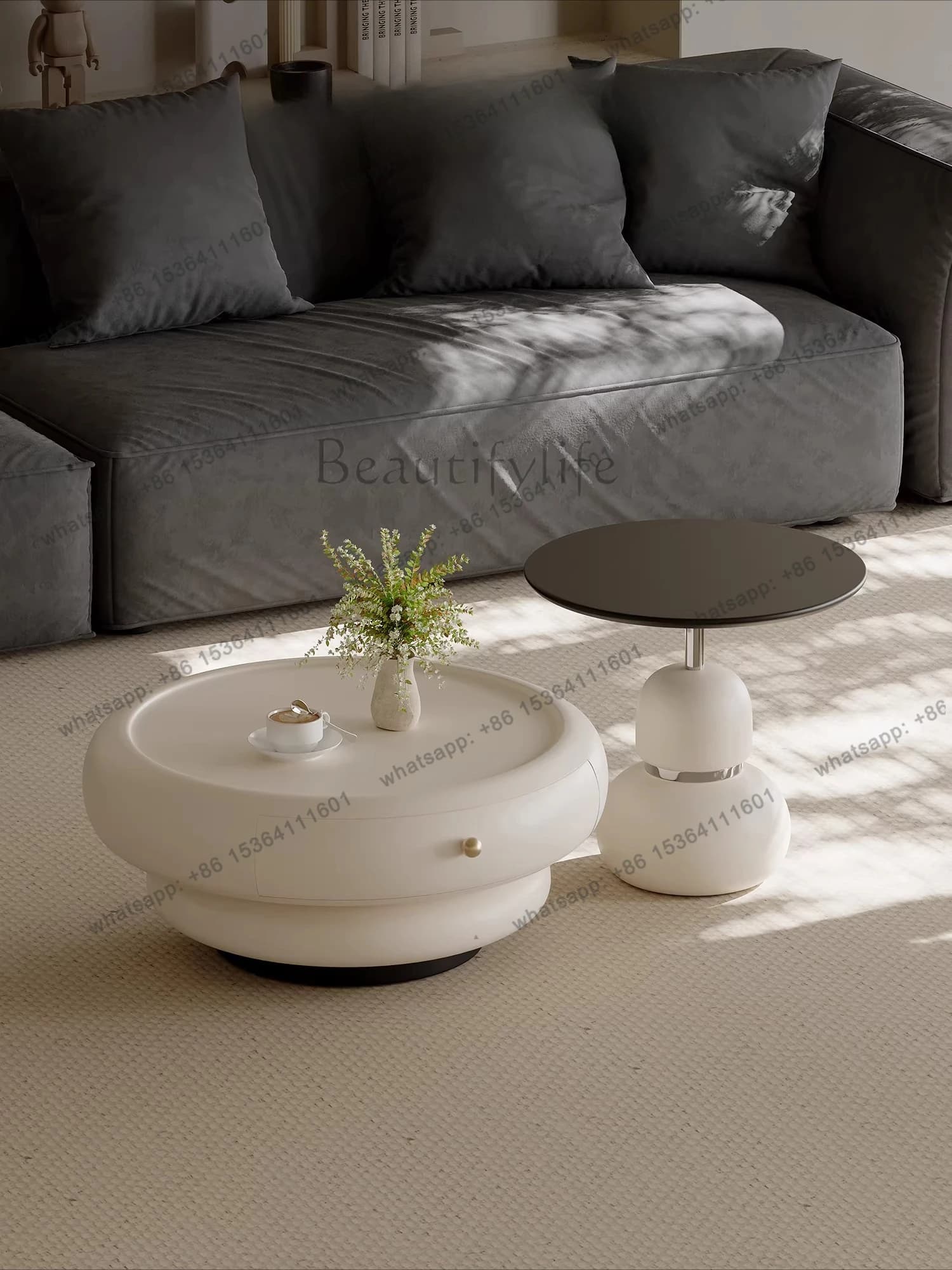 Cream wind coffee table combination round living room household storage premium Italian minimalism