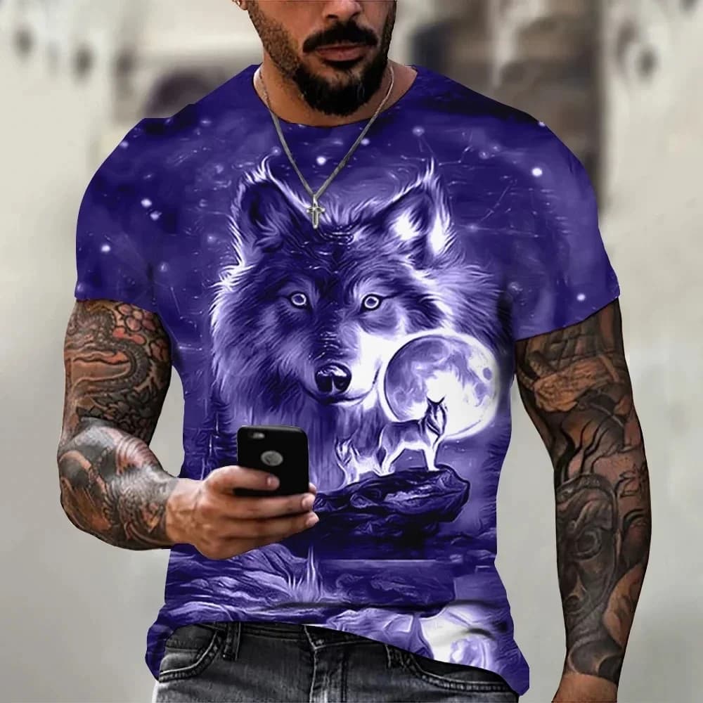 2024 Summer New T-shirt Men's Animal 3D Print Wolf Short Sleeve Top Casual Street Plus Size Men's Clothing
