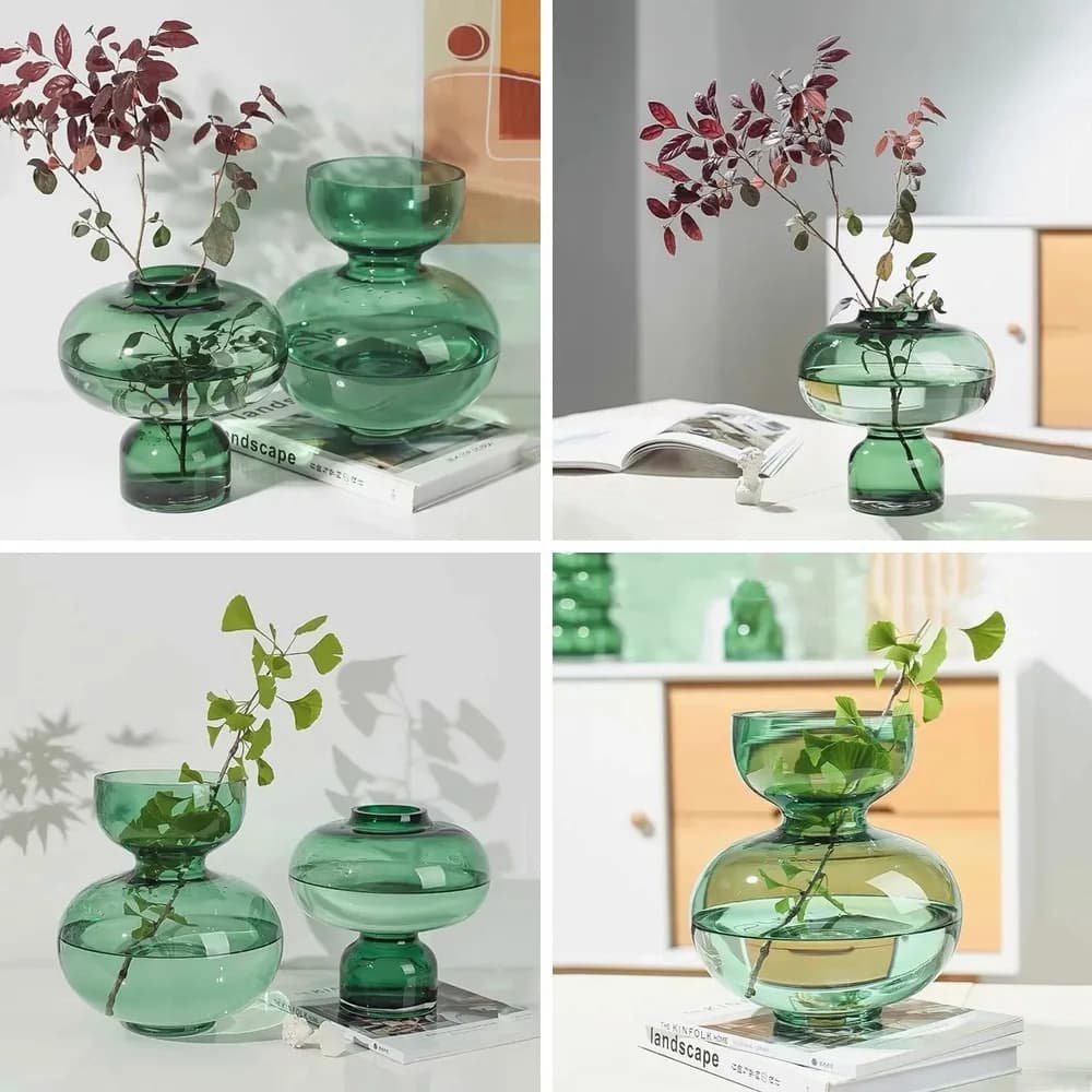 Green Geometric Glass Vase, Round Gourd Terrarium for Hydroponic Plants & Home Decor