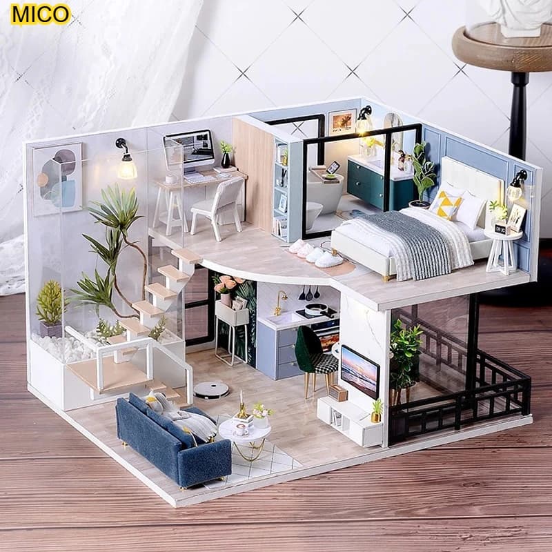3D Wooden House Kit, Creative Double-Layer LOFT Space Design, Handmade Assembly Desktop Decoration Ornament