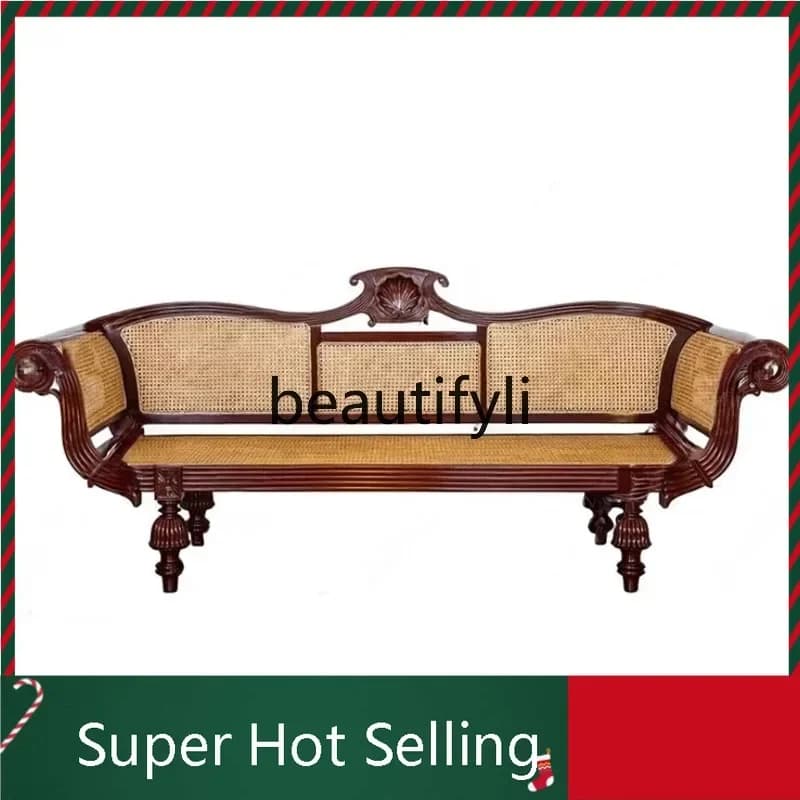X  K132 Country Solid Wood Sofa Natural Rattan Handmade Carved Double Three-Person Leisure Retro