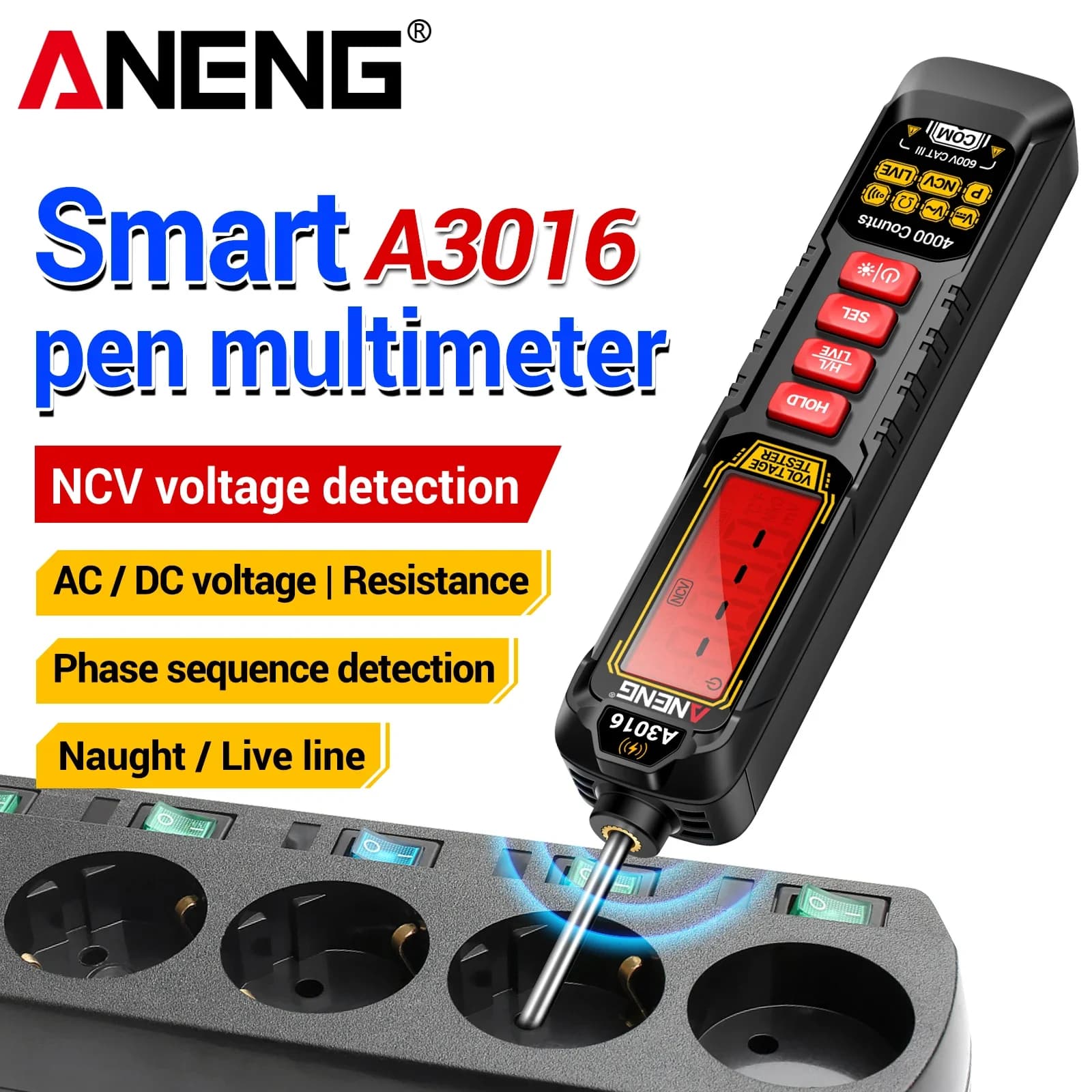 ANENG A3016 Digital Multimeter Pen 4000 Counts 600V AC/DC Voltage NCV Live Wire Tester Phase Sequence Detector with Flashlight