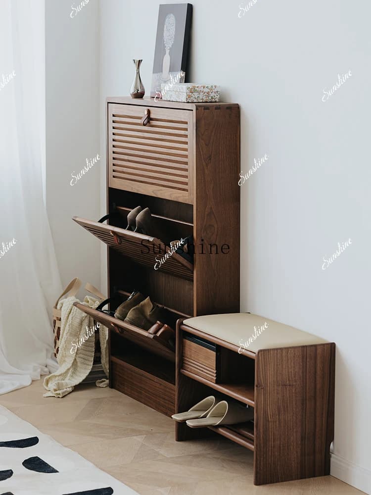 Nordic solid wood retro storage ultra-thin black walnut tipping bucket entrance cabinet  FT