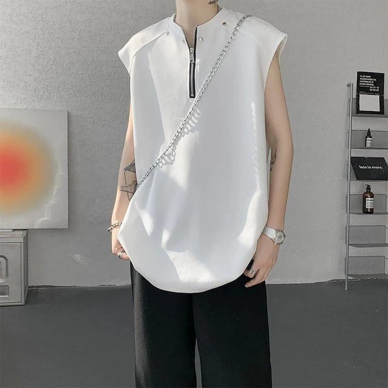 Men's American Style Half-Zip Sleeveless Tank Top Summer Streetwear Casual Loose Heavyweight T-Shirt Sports Workout Gym Tops