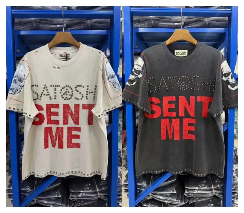 Summer Latest Highest Quality Fashion High Street SATOSHI NAKAMOTO Washed Distressed Beaded Destroyed Short-Sleeve T-Shirt