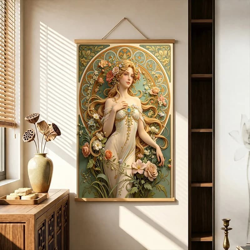 Wall Decor Oriental Maiden with Floral Fan, Chinese Art Nouveau Pearlescent Canvas Hanging Scroll with Wooden Rods for Tea House