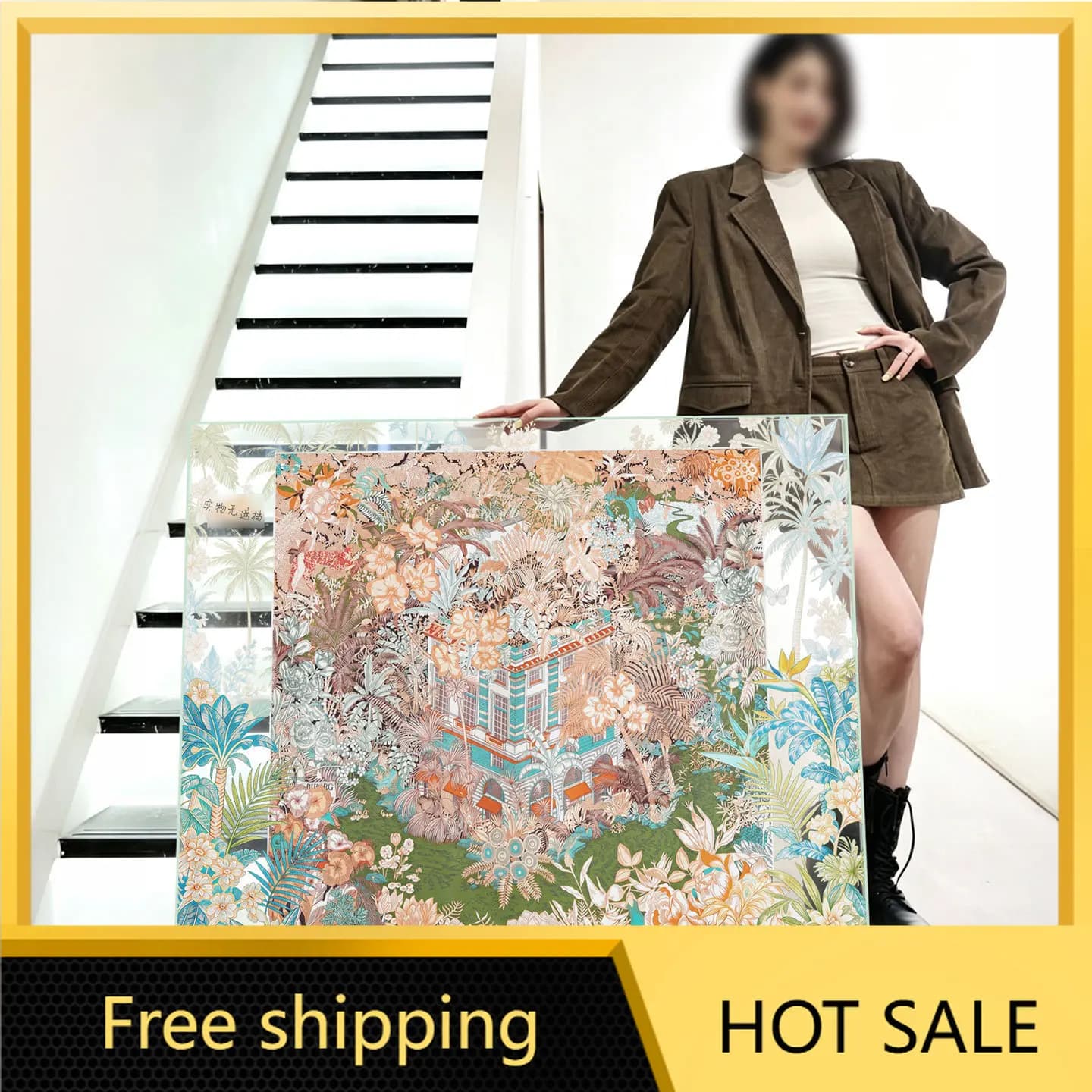 LJY high-value silk scarf hanging painting horizontal version living room decorative painting light luxury high-end sense