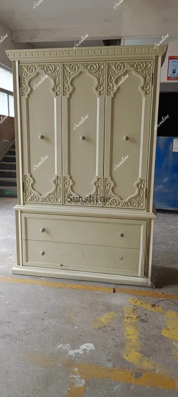 French country solid wood furniture solid wood carving flower bedroom three doors large wardrobe locker  FT