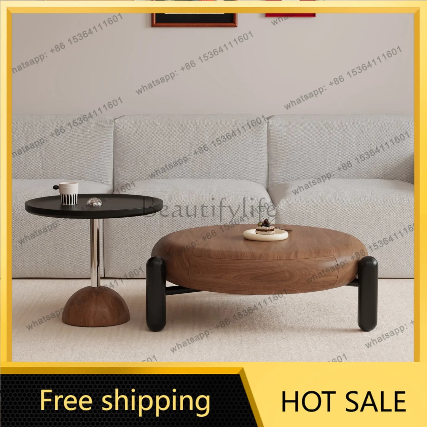 PG antique designer black walnut leather coffee table light luxury high-end high and low round coffee table combination