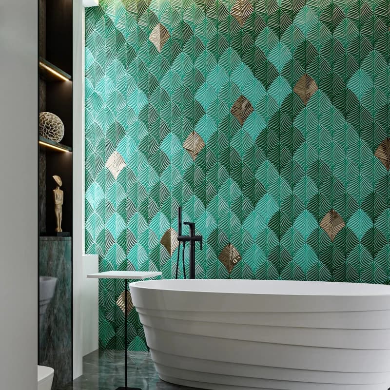 Vintage green and gold banana leaves special-shaped three-dimensional handmade tiles, powder room, shop bar, dining room wall
