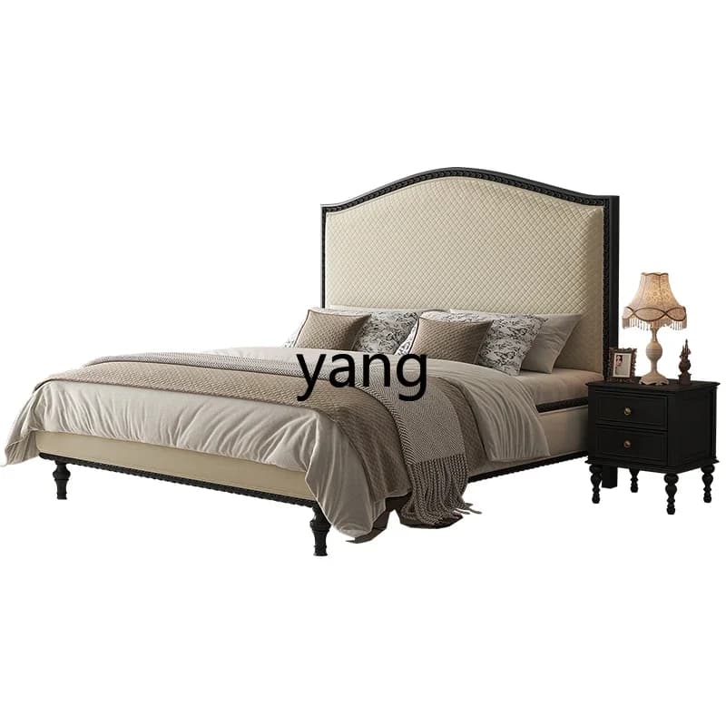 LH retro mid-ancient style full solid wood bed carved black retro master bedroom wedding bed princess