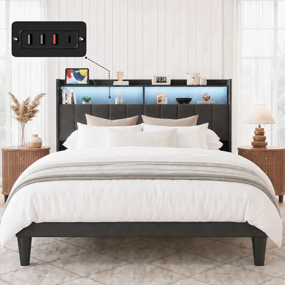 Queen Bed Frame with Upholstered Storage Wingback Headboard, Linen Fabric Modern LED Platform Bed with Power, Customized