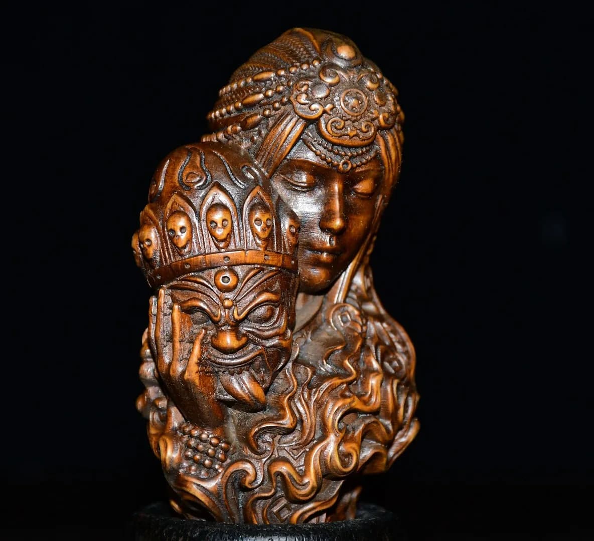 3"Tibetan Temple Collection Old Boxwood Guanyin Buddha Head Mahakala Buddha Head Handle Amulet Dharam Worship Hall Town house