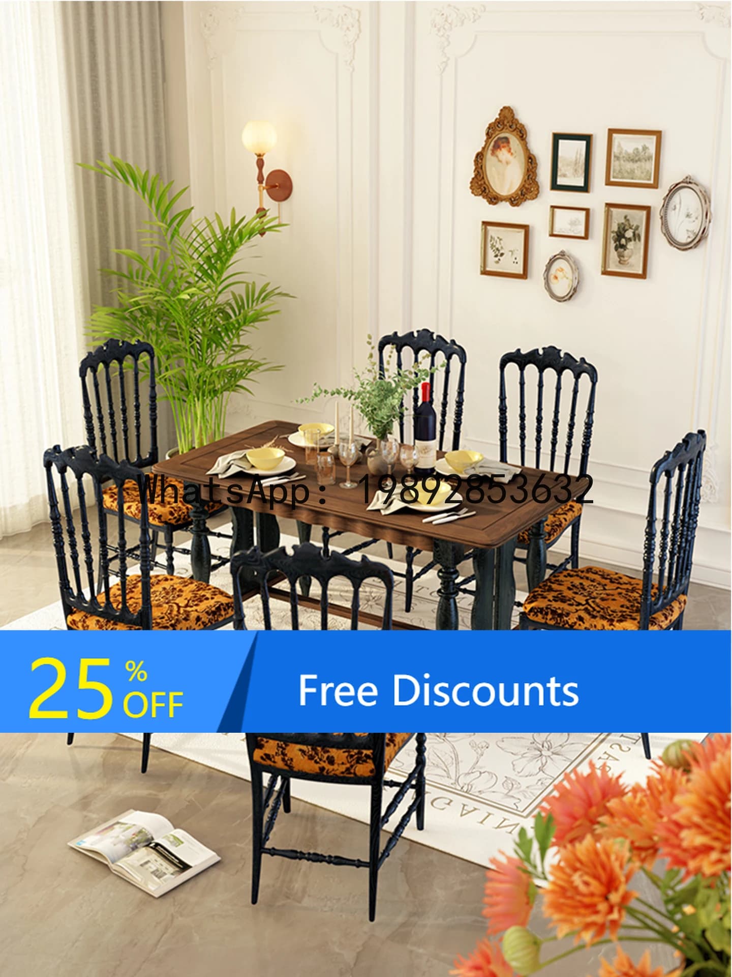 LYY French Vintage Style Solid Wood Dining Table and Chair Set Rectangular Home Dining Table 1.5m Red Oak Furniture