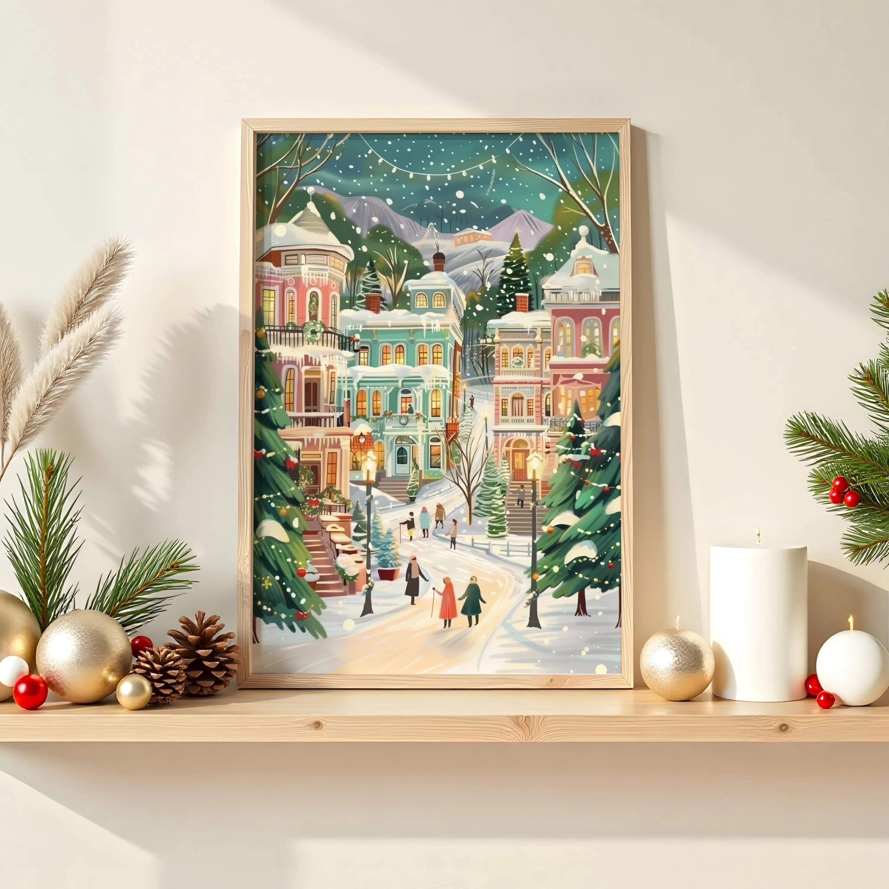 Warm Christmas village art,winter village pattern,snowy holiday scene,nostalgic Christmas wall art,home living room decoration.