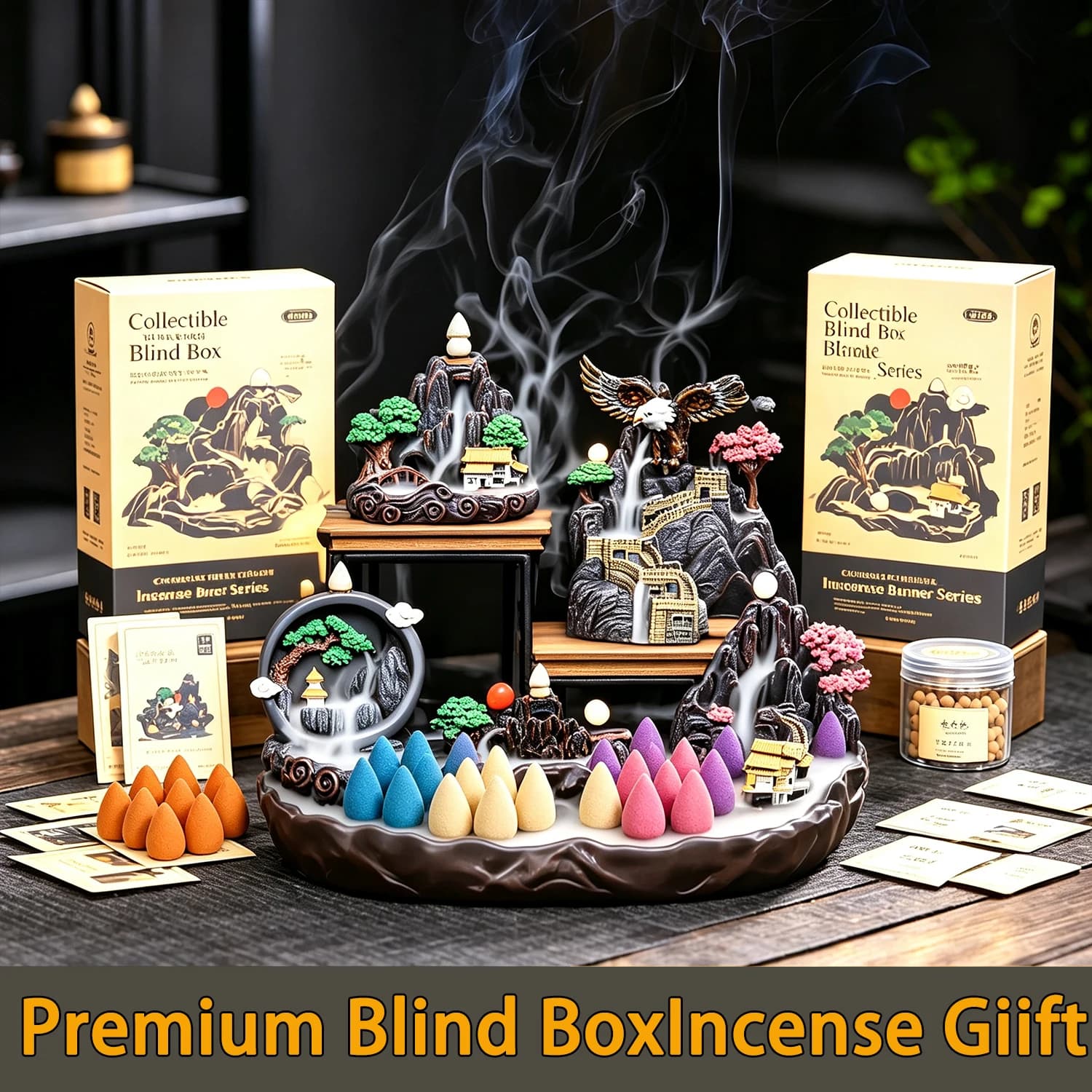 Resin Mountain Waterfall Backflow Incense Holder with Colorful Cones Blind Box Set for Home Teahouse Aromatherapy