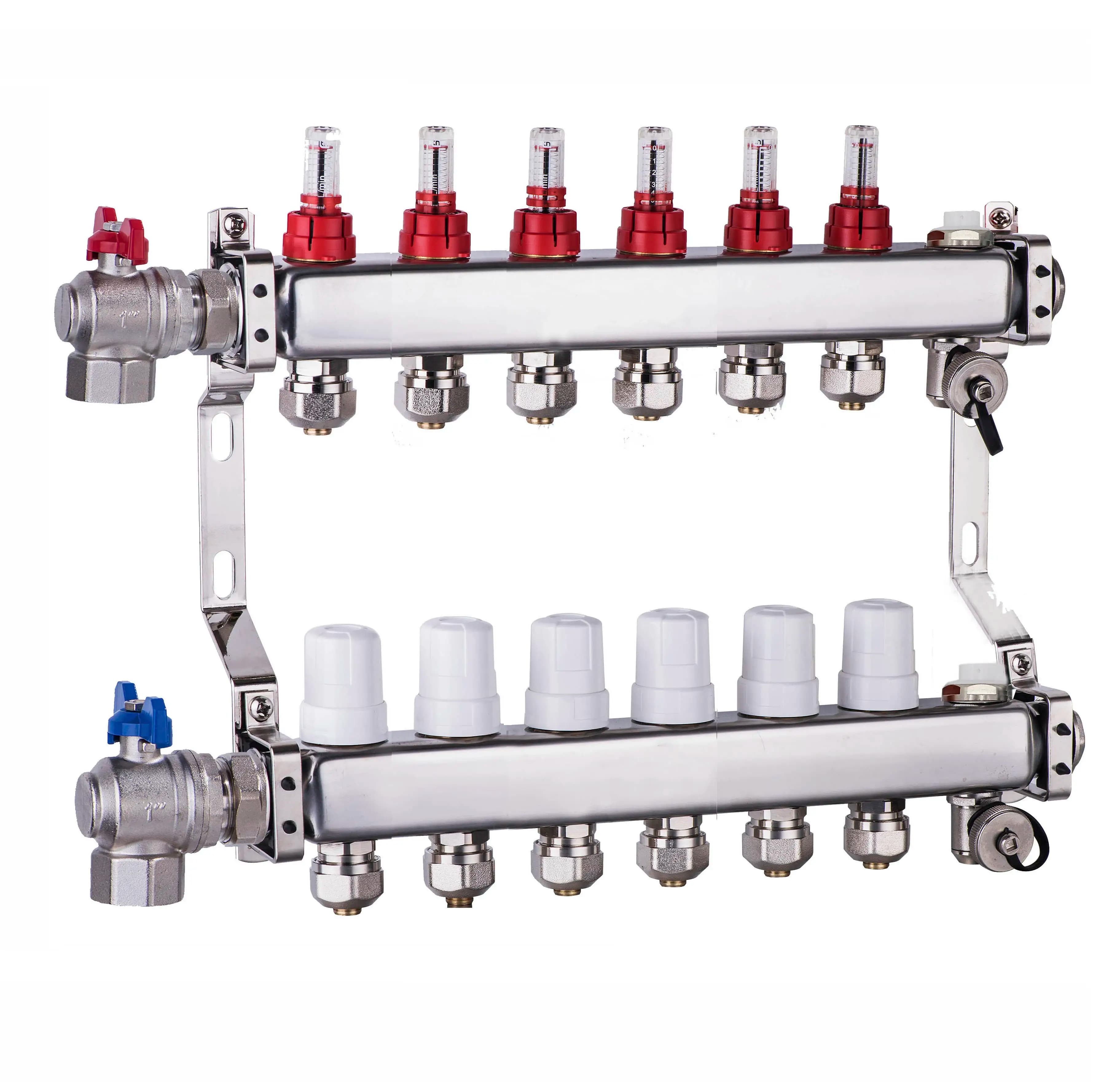 7-Branch Stainless Steel Traditional Design Hydronic Radiant Underfloor Heating Flow Meter Manifold Water Resistant for 1" PEX