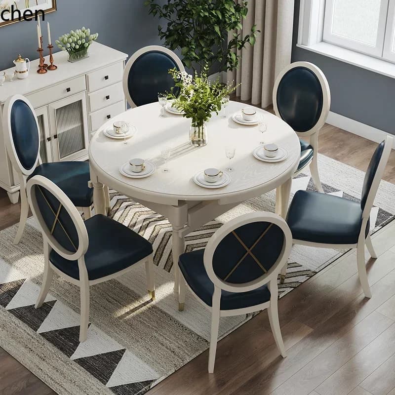 DSA Solid Wood Extendable Round Dining Table and Chair Set for Home Restaurant Small Apartment Round Dining Table