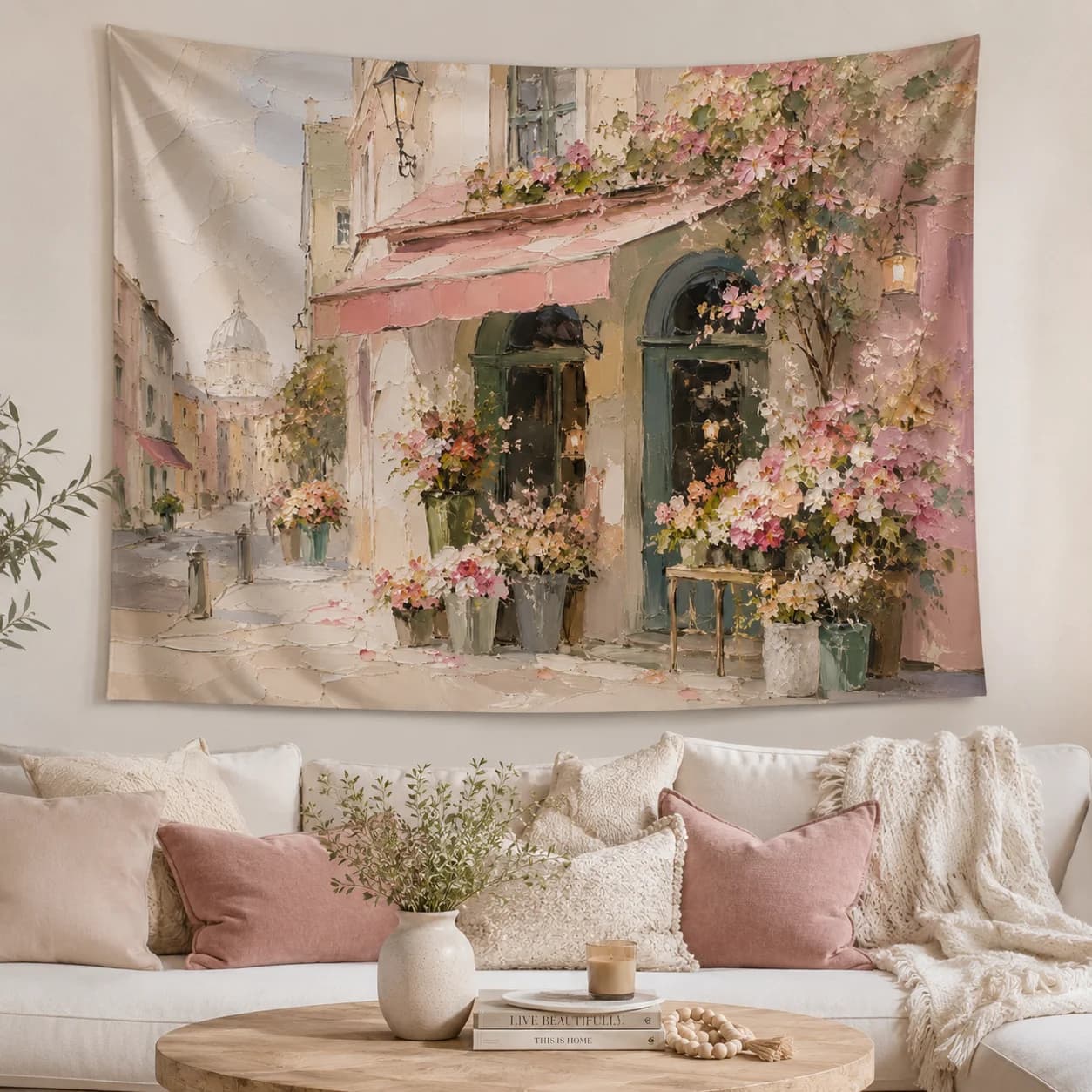 Vintage Paris Street Tapestry Wall Hanging Boho Floral Cafe Wall Art Fabric Poster for Bedroom Dorm Living Room Decor
