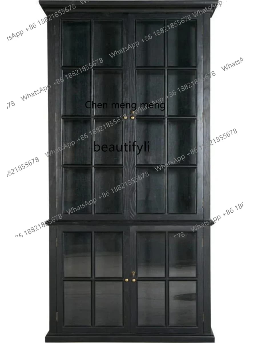xxqAmerican-Style Solid Wood Bookcase Retro Medieval Traditional Glass Window Display Dining Side Wine Cabinet