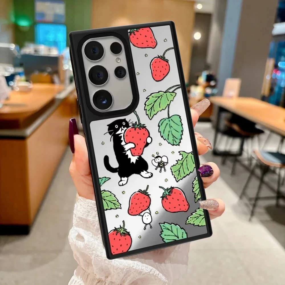 Cartoon Strawberry Black Cat Mirror Surface Magnetic Phone Cover for Samsung Galaxy S23 S24 S25 S26 Ultra S26+ Plus Case