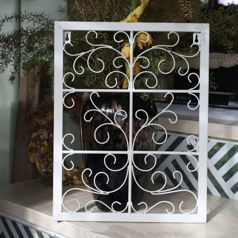 Decorative Metal Window Frame, White Scrollwork Design, 35cm X 45cm, Vintage Style Garden Wall Art