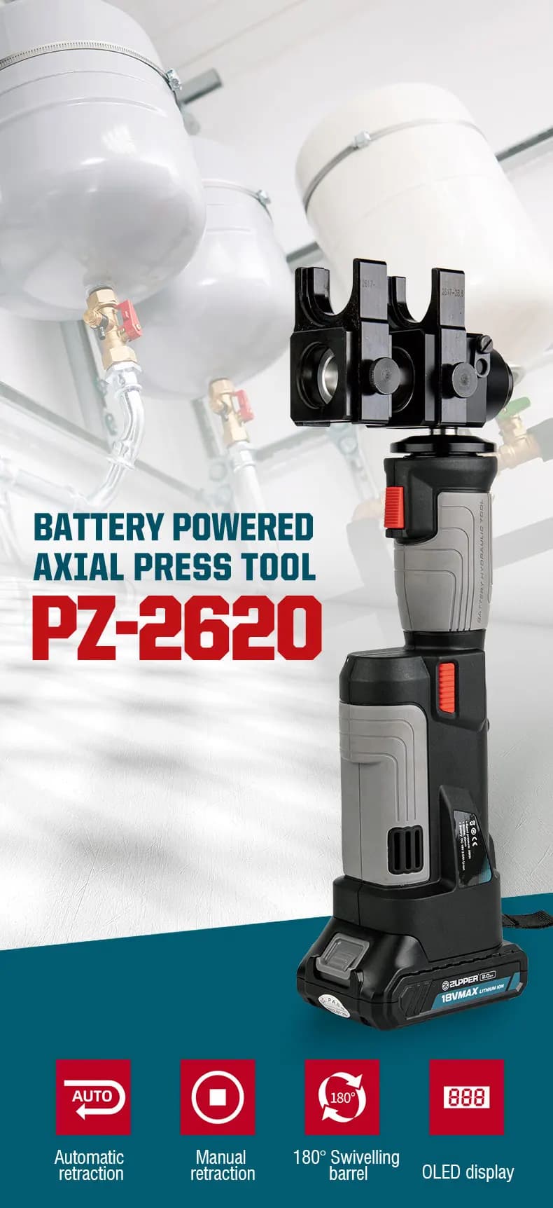 ZUPPER PZ‑2620 Battery Powered Pipe Press Tool PEX Copper Tube Hydraulic Crimping Tool Plumbing Pressing Machine Without Jaws