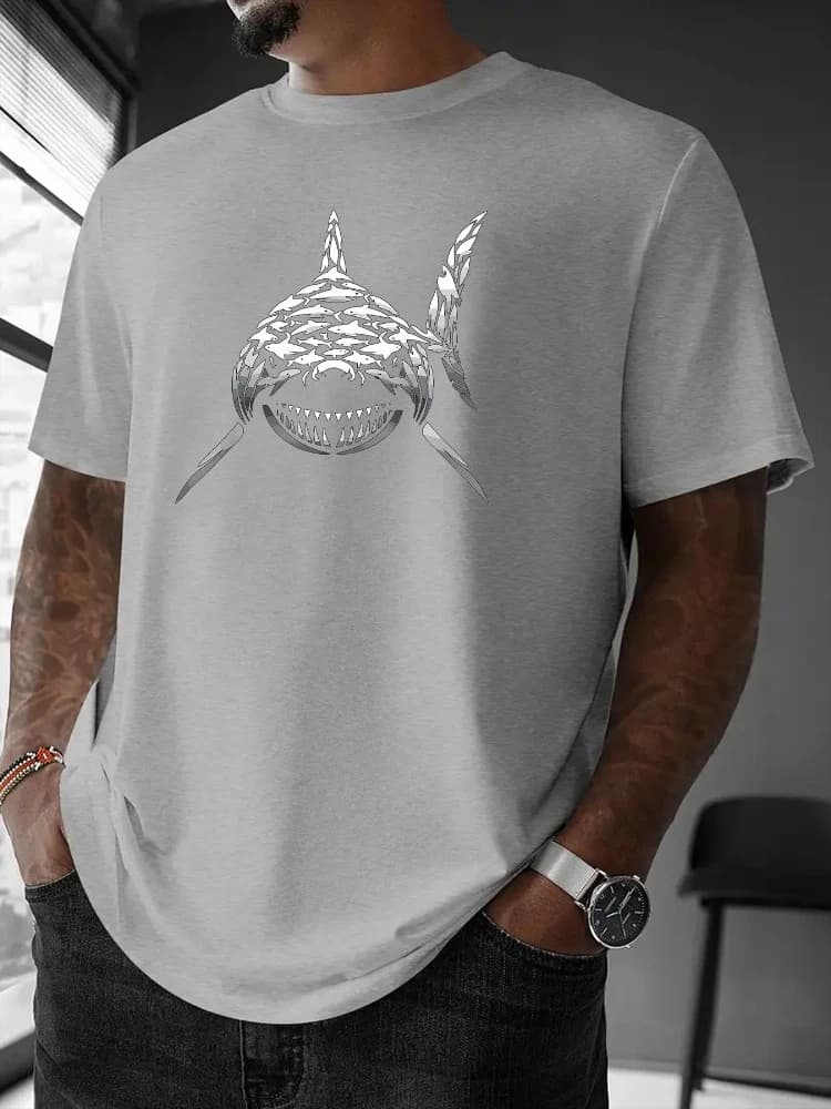 Shark Graphic  - Casual Streetwear Design,  -100% cotton summer short-sleeved O-neck men's printed T-shirt.