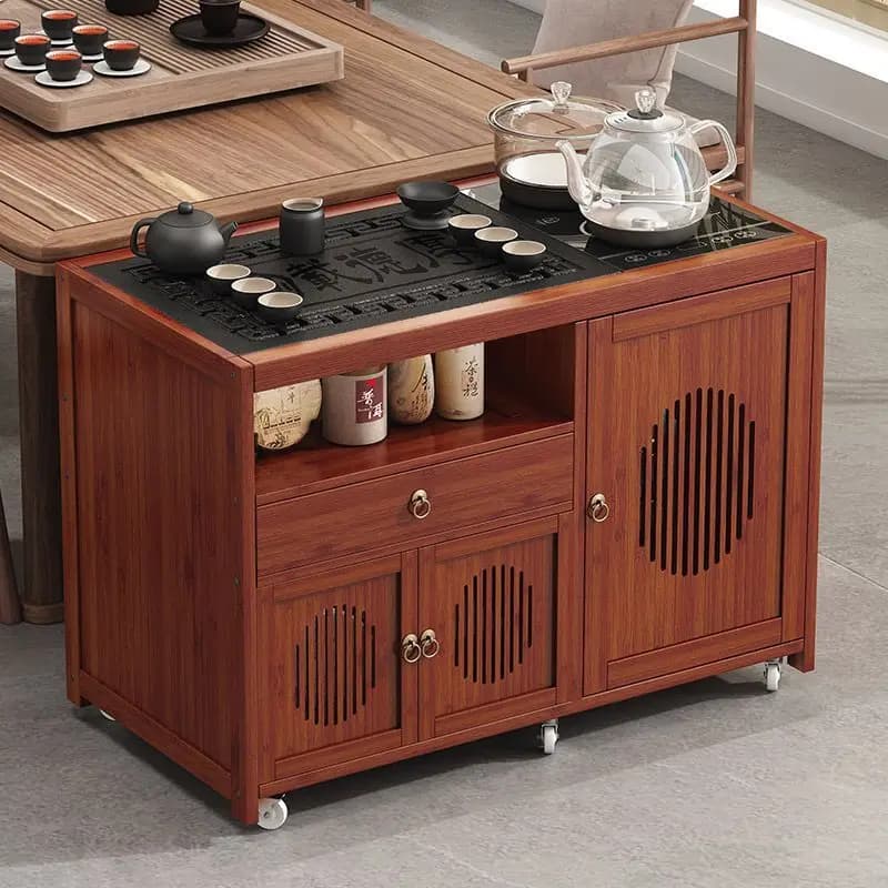 Portable bamboo coffee table with integrated storage cabinet and tea station, new Chinese-style living room furniture